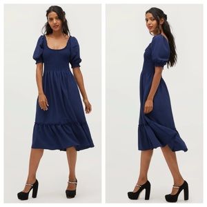 NWT Hill House Louisa Nap Smocked Puff Sleeve Midi Dress Navy Blue Crepe Size M